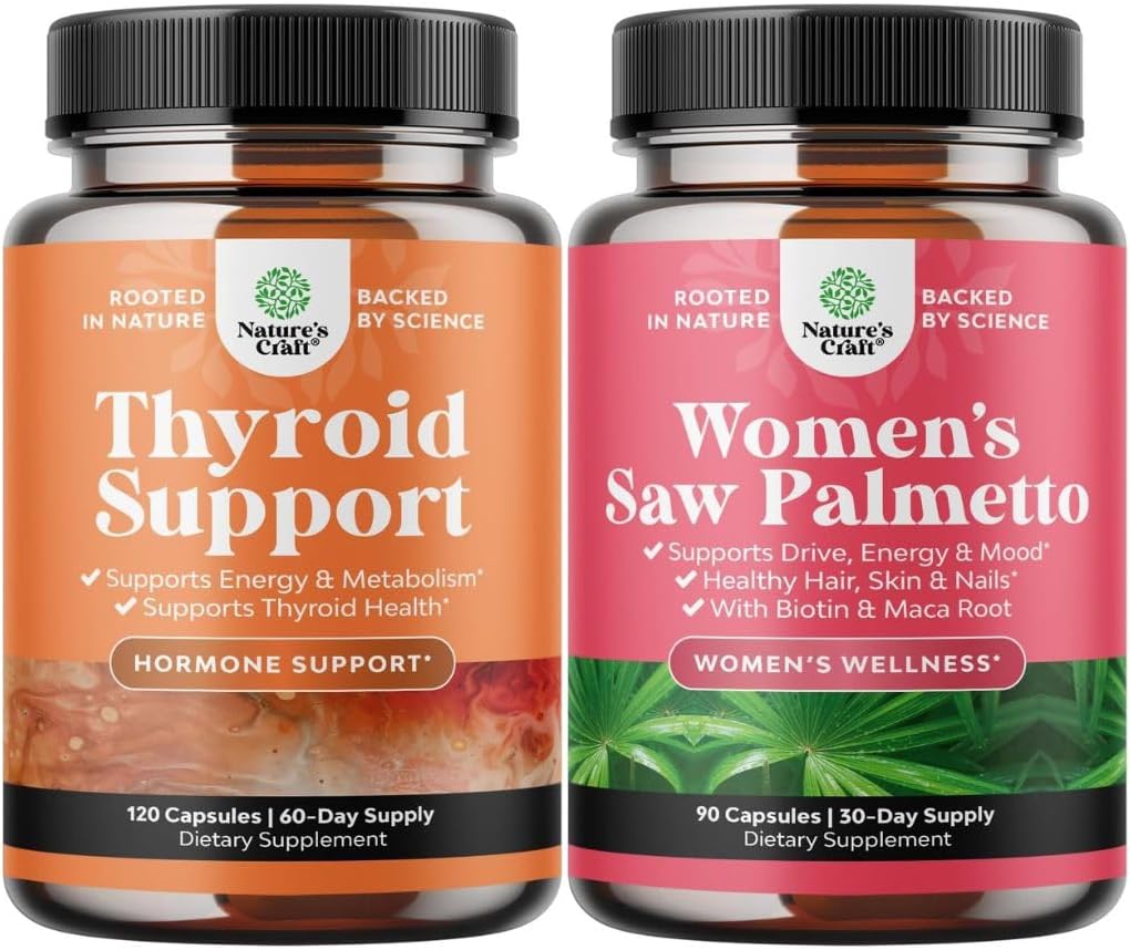 Bundle of Herbal Adrenal and Thyroid Support Complex - Mood Enhancer Energy Supplement for Thyroid Health and Extra Strength Saw Palmetto for Women for Stronger Thicker Healthier Looking Hair