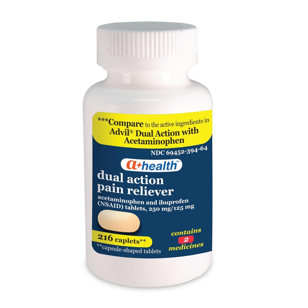 A+Health Dual Action Acetaminophen 250 mg and Ibuprofen (NSAID) 125mg Pain Reliever Caplets, 216 Count