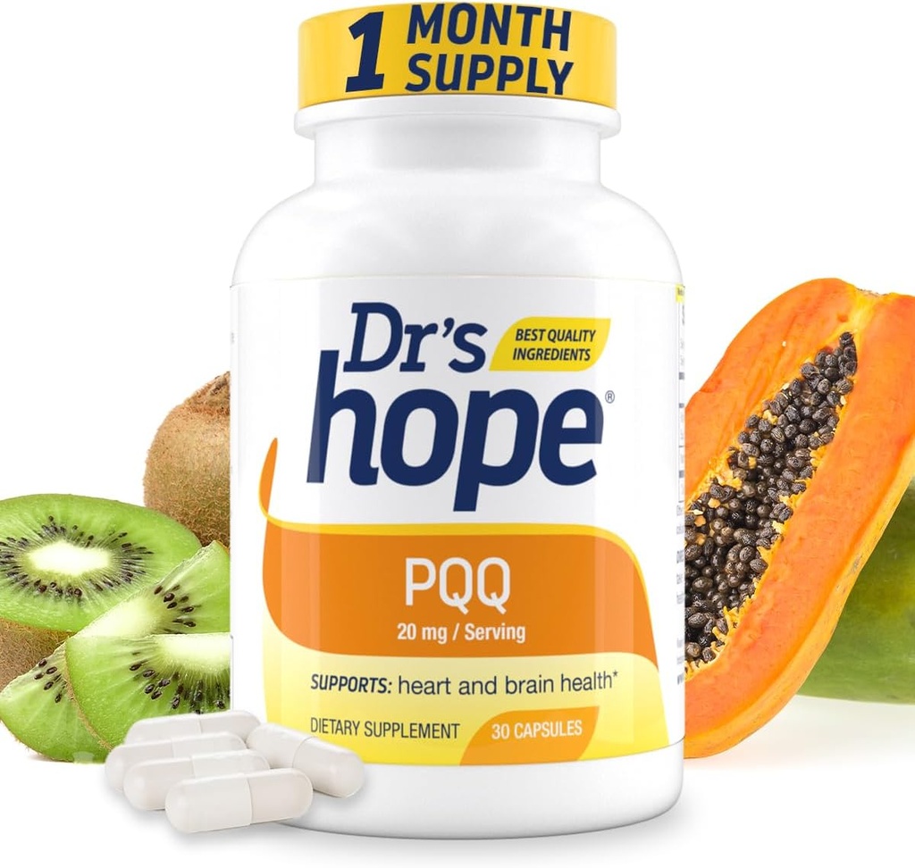Dr's Hope Pyrroloquinoline Quinone Supplement 20 mg - Προάγει το μυαλό, την καρδιά και την ψυχική απόδοση - Για τη λειτουργία των μυών, την παραγωγή ενέργειας & τη μακροζωία - Χωρίς γλουτένη - 30 κάψουλες Vegan - 1 μήνας προσφοράς