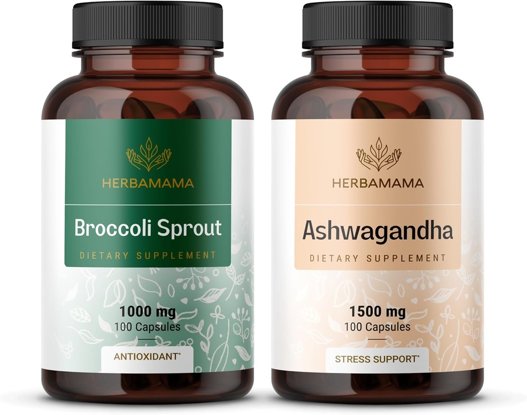 HERBAMAMA Broccoli Sprout και Ashwagandha Root Kit - Bundle των 1000 mg Broccoli Sprout & 1500 mg Ashwagandha Root Capses - Vegan, Non-GMO, Sugar & Gelatin-Free - 2 Pack