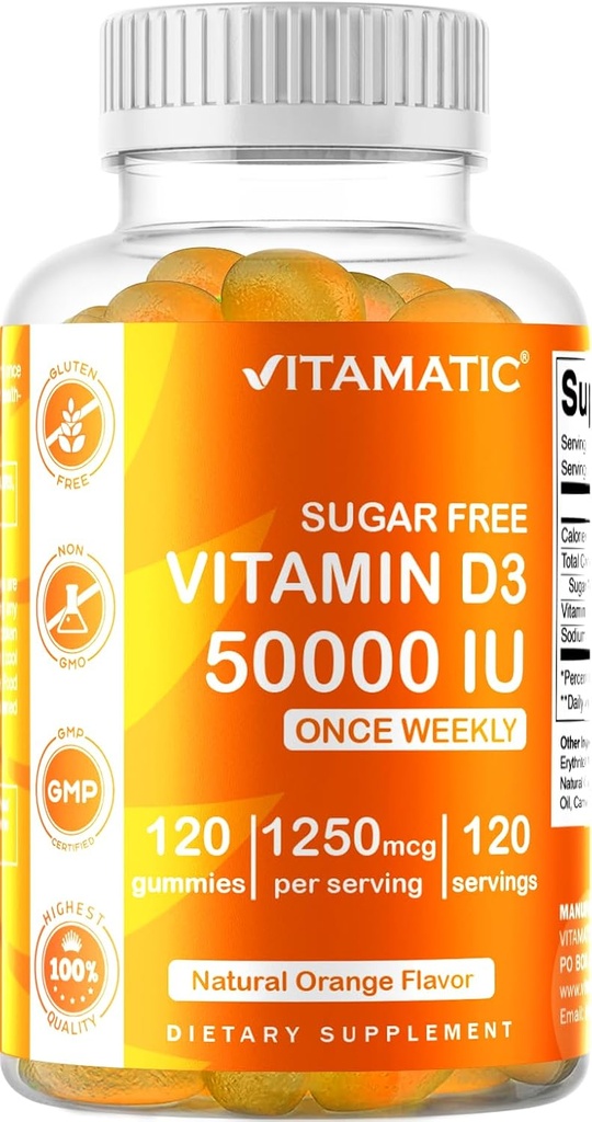 Vitamatic Sugar Free Vitamin D3 50.000 IU Weekly Supplement - 120 Pectin Based Gummies - Βιταμίνη D Κάψουλες για Οστά, Δόντια και Ανοσοποιητική Υποστήριξη (50000 IU)