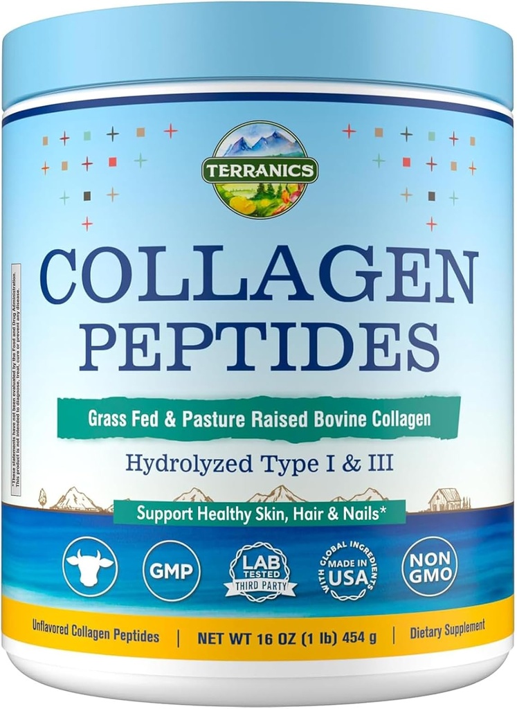 Terranics Hydrolyzed Collagen Peptides Powder, Grass Fed & Pasture Αυξημένα Βοοειδή, τύπου I & III Collagen για γυναίκες, χωρίς ζάχαρη, χωρίς ορμόνες, Keto, υποστήριξη ομορφιάς, εύκολο μείγμα, χωρίς γεύση, 16oz