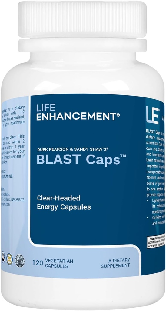 Life Enhancement Blast Caps, 60 Capsules - Energy and Focus Supplement - Nootropics Brain Support Supplement with B12, Niacin, Caffeine, Taurine, Phenylalanine, Vitamin C, & More