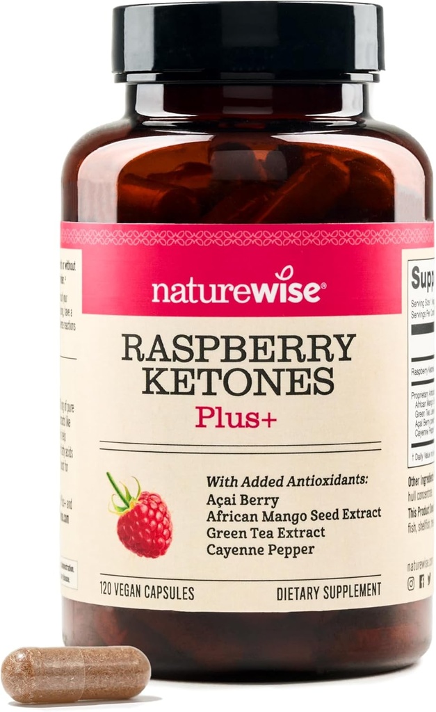 NatureWise Raspberry Ketones Plus - w/ Green Tea Extract, Cayenne Pepper, & Acai Berry - Υποστηρίζει Αντιοξειδωτικά Υγεία, Επίπεδα Ενέργειας, Στόχους Βάρος - Vegan & Gluten-Free - 120 Κάψουλες[120-Ημέρα Προμήθεια]