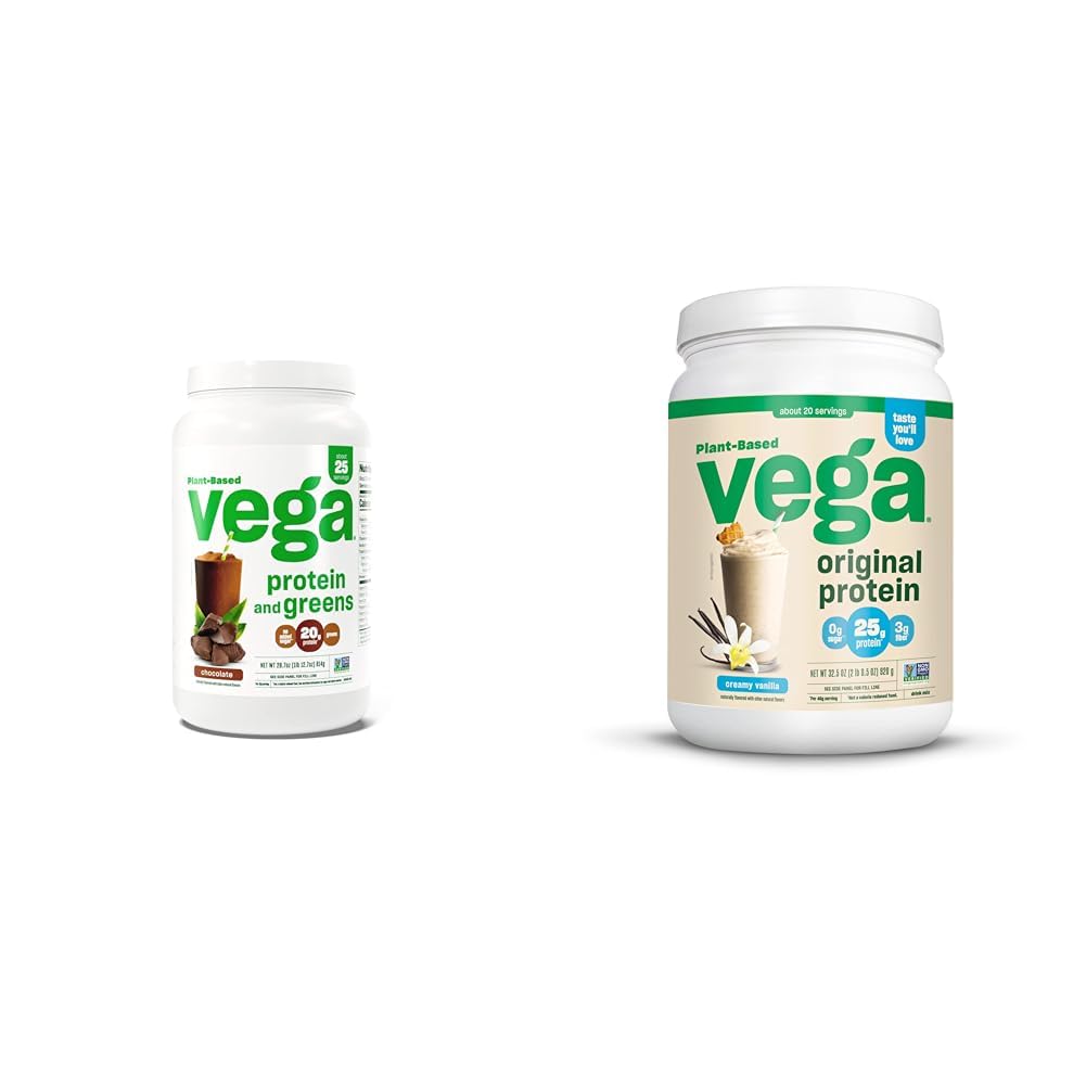 Vega Protein and Greens Protein Powder, Chocolate & Original Protein Powder, Creamy Vanilla Plant Based Protein Drink Mix for Water, Milk and Smoothies, 32,5 oz