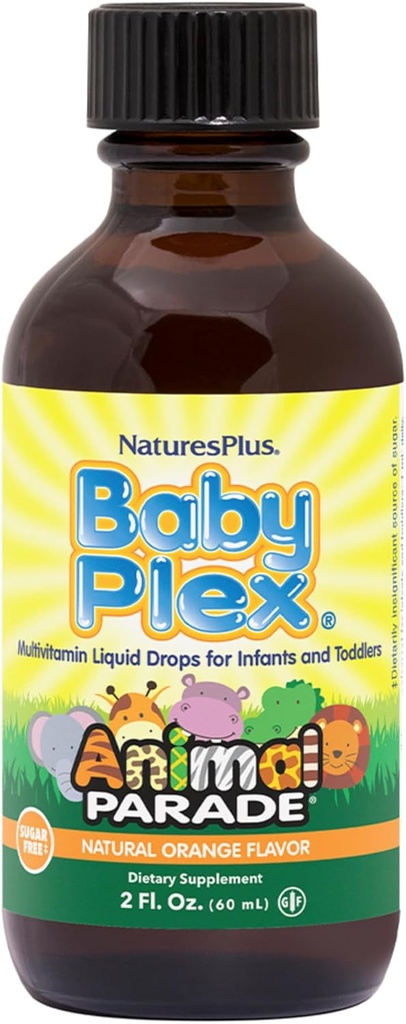 NaturesPlus Animal Parade Baby Plex, Natural Orange Flavor - 2 fl oz, Συσκευασία των 2 - Υγρή Πολυβιταμίνη για Βρέφη & Τόντλερ - Χωρίς ζάχαρη, Χωρίς Γλουτένη - 120 Σύνολο Σερβιέτες