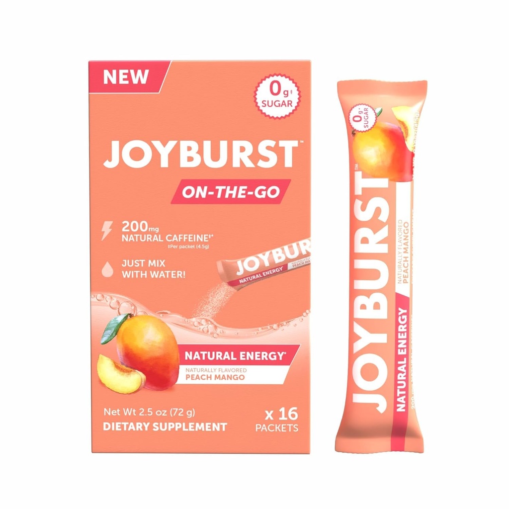 JOYBURST Energy Drink Mix, Φυσική καφεΐνη (200mg) για Παρατεταμένη, δωρεάν ενέργεια Jitter, On-The-Go Φυσική ενέργεια Drink Powder, Sugar Free - 16 x 4g Energy Sticks (Peach Mango)