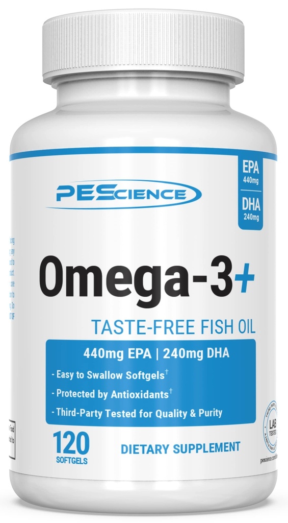 PEScience Omega-3+, 440mg EPA και 240mg DHA συμπλήρωμα ιχθυελαίου, εύκολο να καταπιούν μικρό μέγεθος Softgel, καμία γεύση, 60 εξυπηρετούν