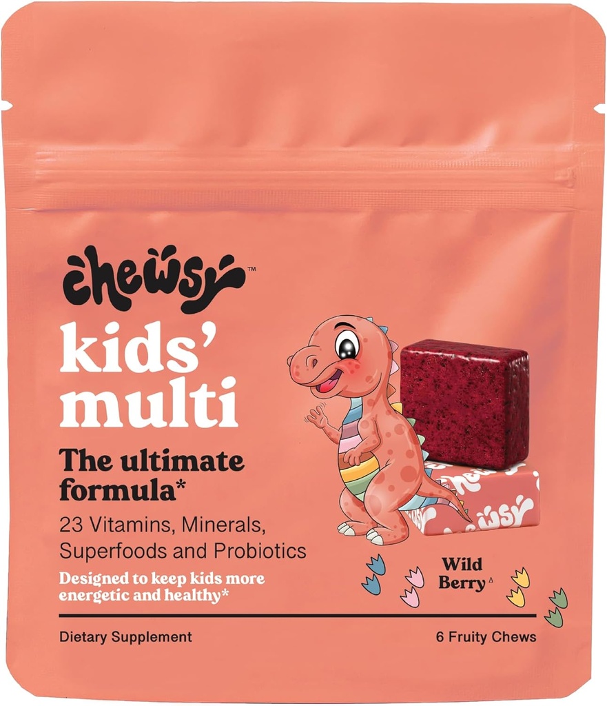 Chewsy Παιδική πολυβιταμίνη + Προβιοτικά + Superfoods Chews, Ανοσοποιητική & Πεπειστική Υποστήριξη, Βιταμίνες A, C, D3, E, Ψευδάργυρος, Παιδιά Chewable Συμπλήρωμα, Ατομικά τυλιγμένα Φρουτώδη Chews, 6-Day Supply (1)