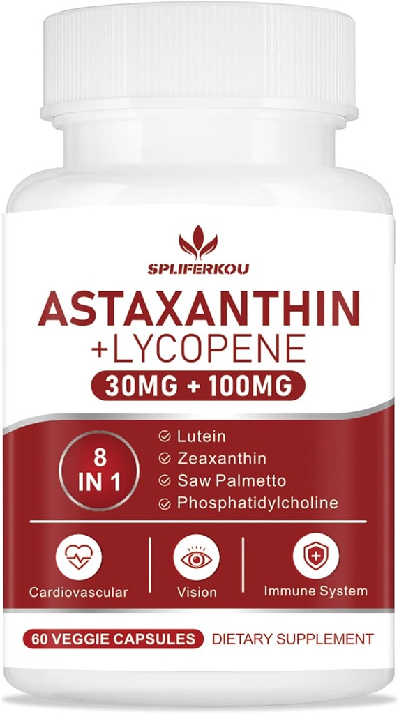 Ασταξανθίνη και Λυκοπένιο 70mg, Συμπλήρωμα Ασταξανθίνης με Φωσφατιδυλοχολίνη, Λουτεΐνη και Ζεαξανθίνη, Ισχυρό Συμπλήρωμα Αντιοξειδωτικών Υποστήριξη για την Υγεία του δέρματος, των ματιών και των αρθρώσεων (60 κάψουλες)