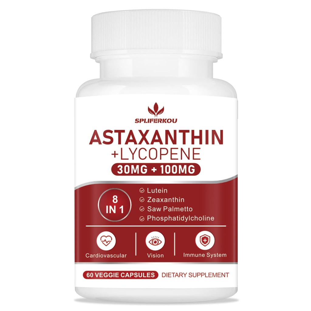 Astaxanthin and Lycopene 70mg, Astaxanthin Supplement with Phosphatidylcholine, Lutein and Zeaxanthin, Powerful Antioxidants Supplement Support for Skin, Eye and Joint Health (60 Capsules)