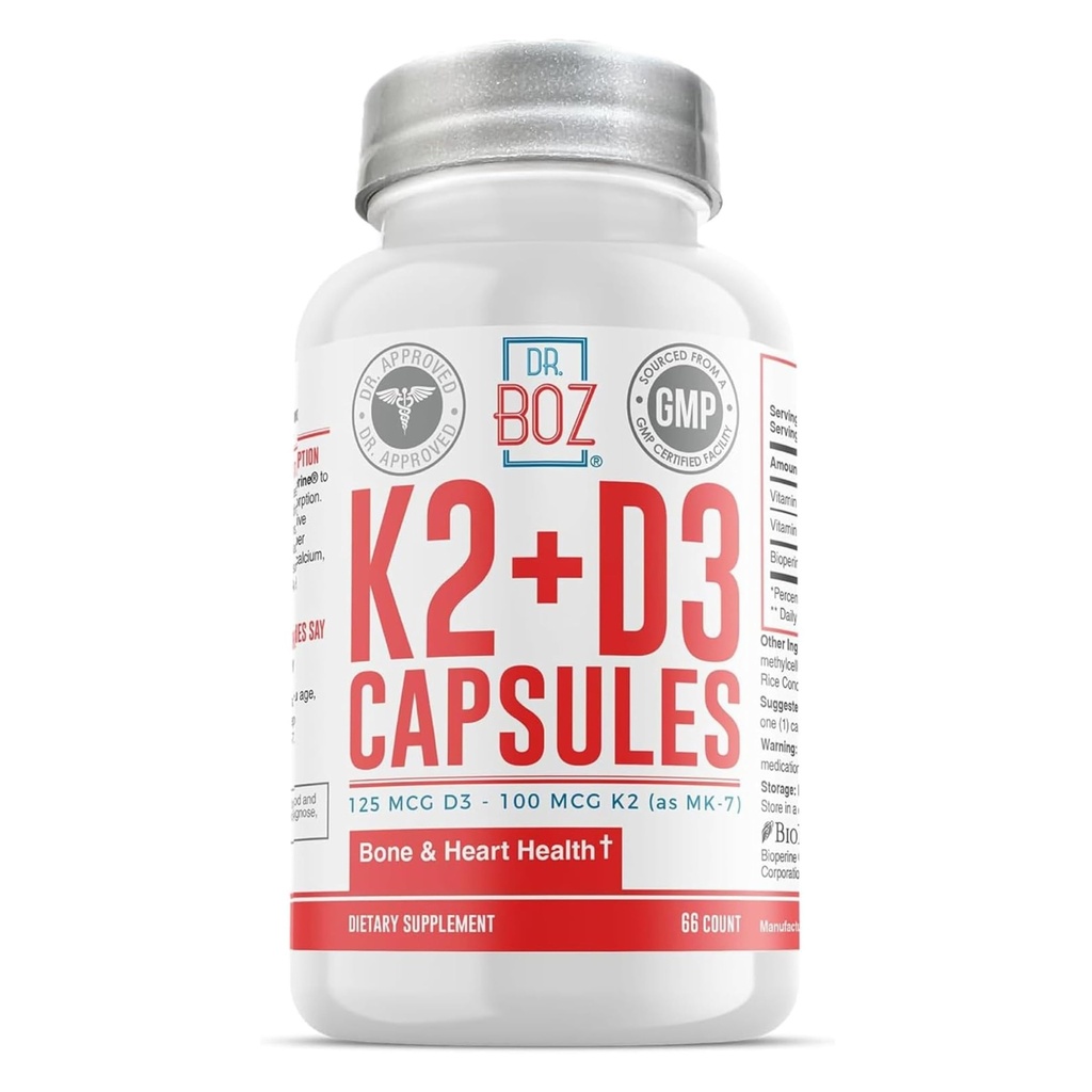 Δρ. Μποζ - K2+D3 Κάψουλες, 66 Σερβιρίσματα - Βιταμίνη D3 K2 Συμπλήρωμα με BioPerine - Οστική & Καρδιά Υγεία - Ενισχυμένη Απορρόφηση - Εξετασμένη Ποιότητα - Κατασκευάζεται στις ΗΠΑ - 5000iu (D3) - 400iu (K2) - Αυτοπροστασία