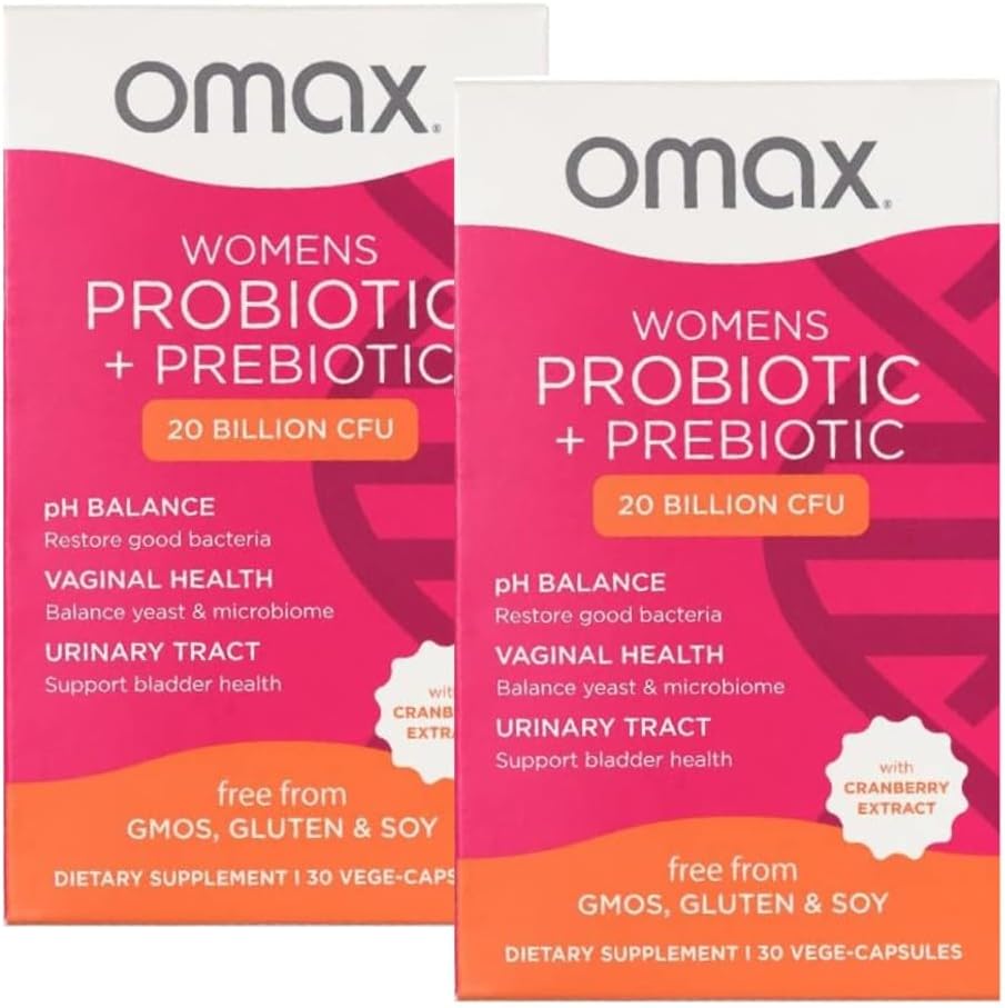 2 Pack Omax Prebiotics & Probiotics Complex για γυναίκες, pH Ισορροπία, Κολπική Υγεία, Ουρία, Yeast, UTI/BV Πρόληψη, Bloating pH 20 Δισεκατομμύρια CFU 