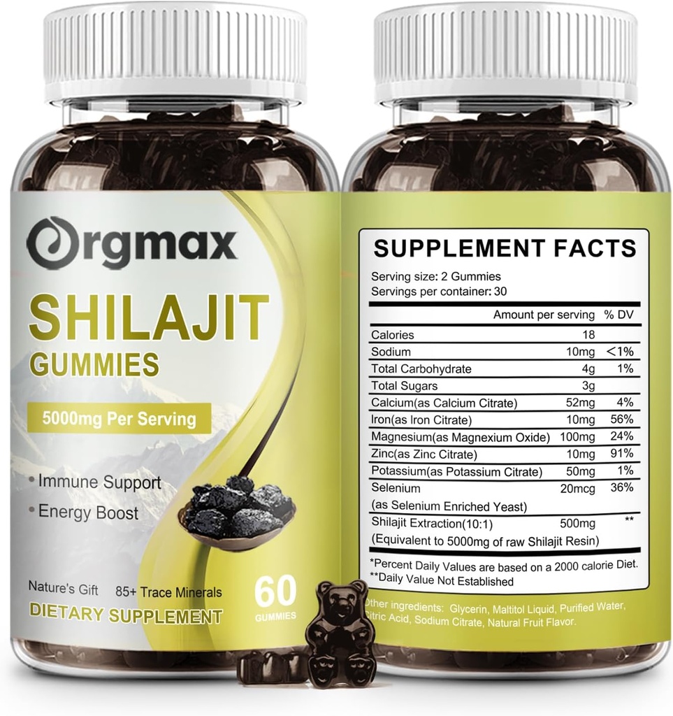 Shilajit Pure Himalayan Organic Shilajit Gummies,5000MG Shilajit Supplement for Men & Women with 85+Trace Minerals & Fulvic Acid,Support for Focus, Energy & Immune, Non-GMO|60 Count,2 Packs