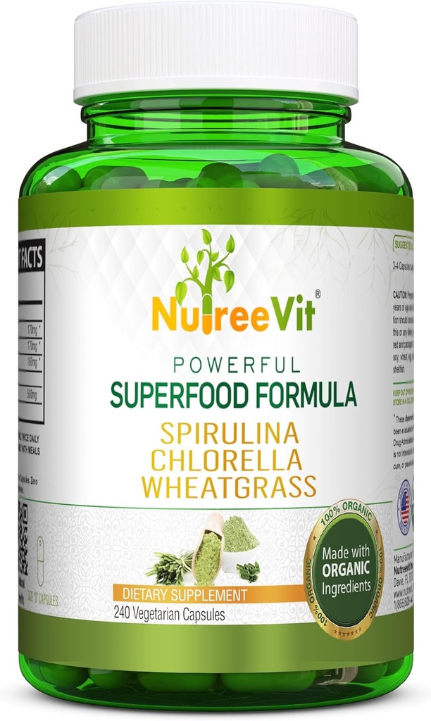 NutreeVit Pure 100% Βιολογική Spirulina + Chlorella + Wheatgrass - Ισχυρό Superfood - Κάψουλες Veggie 