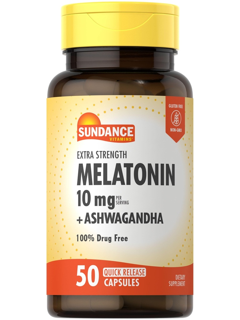 Sundance Melatonin 10mg with Ashwagandha | 50 Capsules | Extra Strength | Non-GMO & Gluten Free Supplement