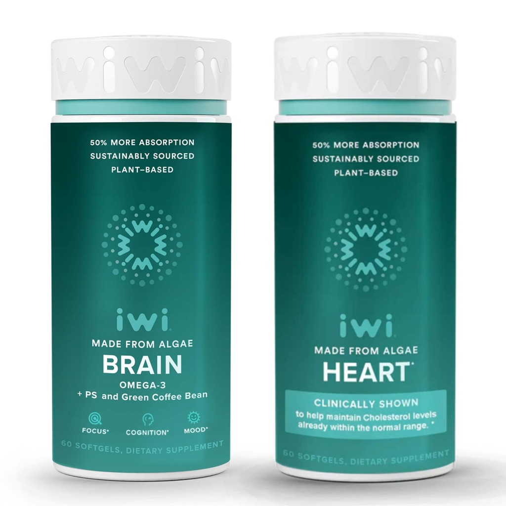 Iwi Life Brain & Heart Omega-3 Bundle, 30 εξυπηρετήσεις, Vegan Plant-based Algae Omega 3, Krill & Fish Oil Εναλλακτική, Δεν Ψάρια Επίγευση