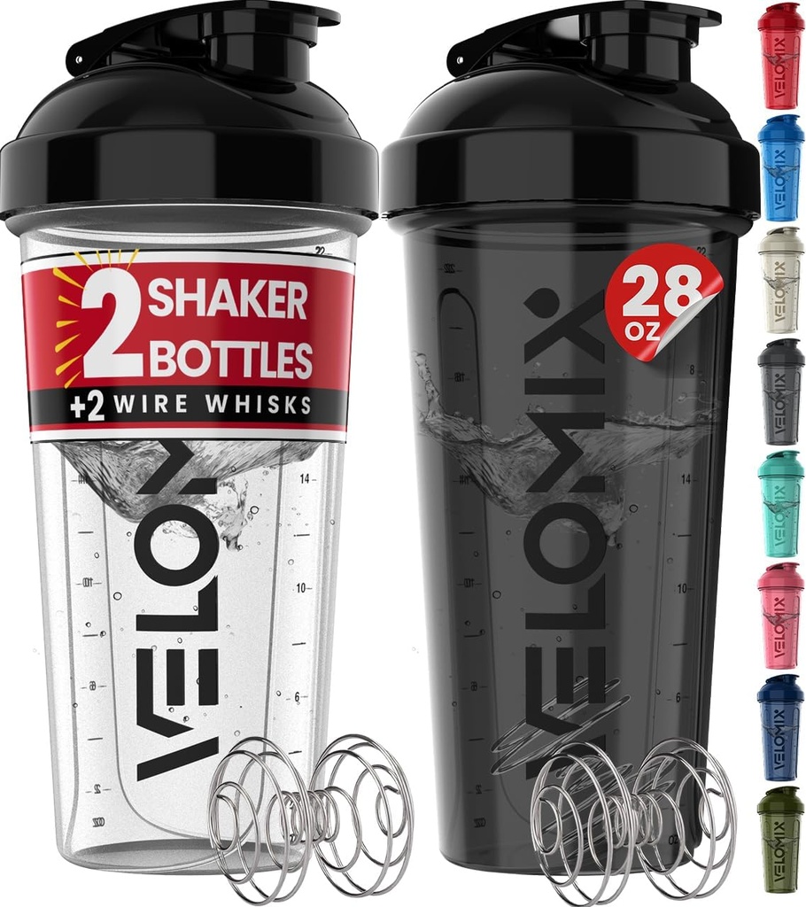 VELOMIX -2 Pack- 28 oz μπουκάλια αναδευτήρα πρωτεΐνης για μείγματα πρωτεϊνών - 2x σύρμα Whisk 