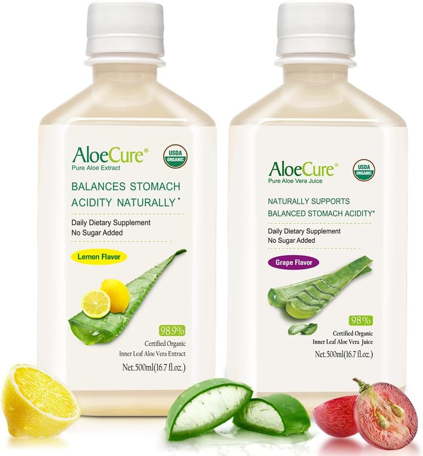 AloeCure Organic Aloe Vera Juice - 2 μπουκάλι δείγμα πακέτο - λεμόνι και άρωμα σταφυλιού - 2x500ml