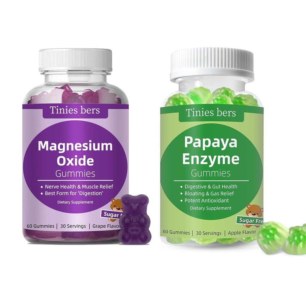 Tinies bers Παπάγια Ένζυμο Gummies και Μαγνήσιο Οξείδιο Gummies, Digestive Υγεία για Ενήλικες & Παιδιά, Vegan, Ζάχαρη Χωρίς, Μη-GMO, Πεκτίνη