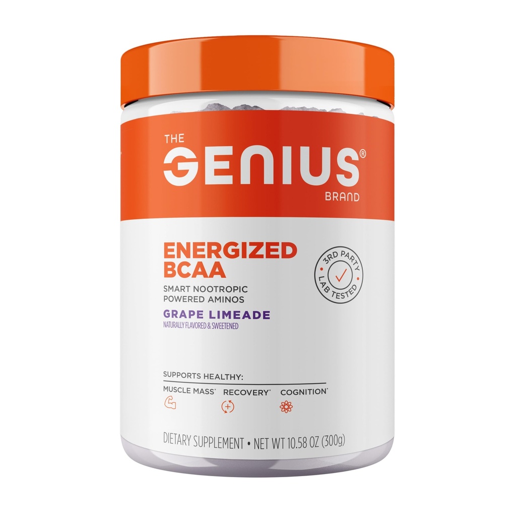 Genius BCAA Powder - 5g Vegan BCAAs L-Glutamine, Cognizin & Rhodiola Μύες Ανάκτηση ενέργειας Υποστήριξη 100mg καφεΐνη Pre, Intra, μετά την προπόνηση Nootropic συμπλήρωμα για Focus & Performance - Grape Limeade