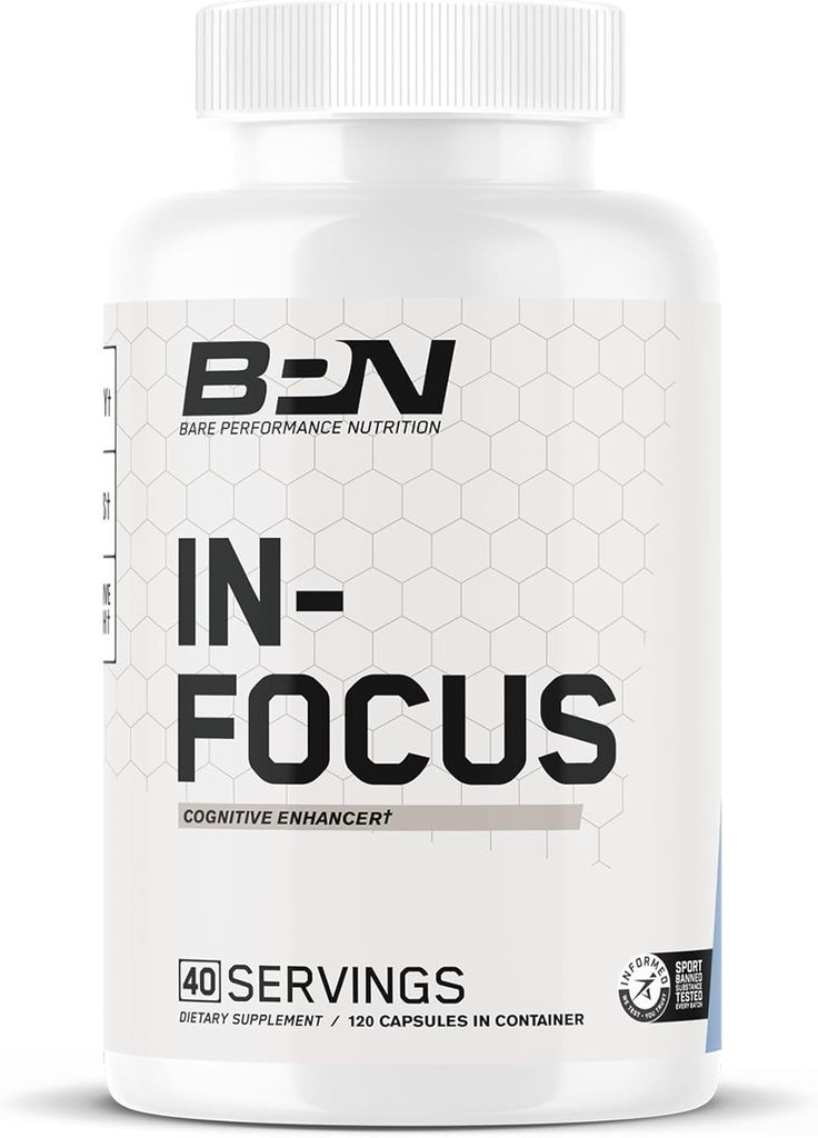 BARE PERFORMANCE NUTRITION BPN in-Focus Brain Supplement for Memory & Focus Χάπια καφεΐνης, 1g L Τυροσίνης ανά υπηρεσία + Alpha GPC, 40 σέρβις, Χωρίς γλουτένη + Vegan