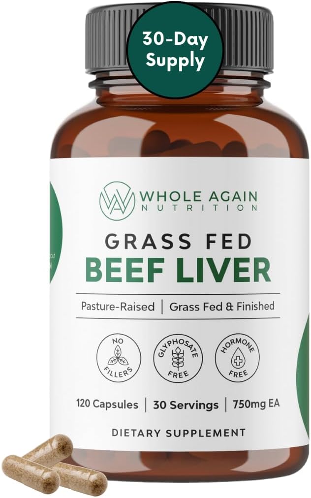 Grass Fed Beef Liver Capsules - 100% Pasture Raised - No Fillers or Flow Agents - 120 Count 3,000mg Serving - 30-Day Supply - Iron and Energy - Grass fed Desiccated Liver Supplement