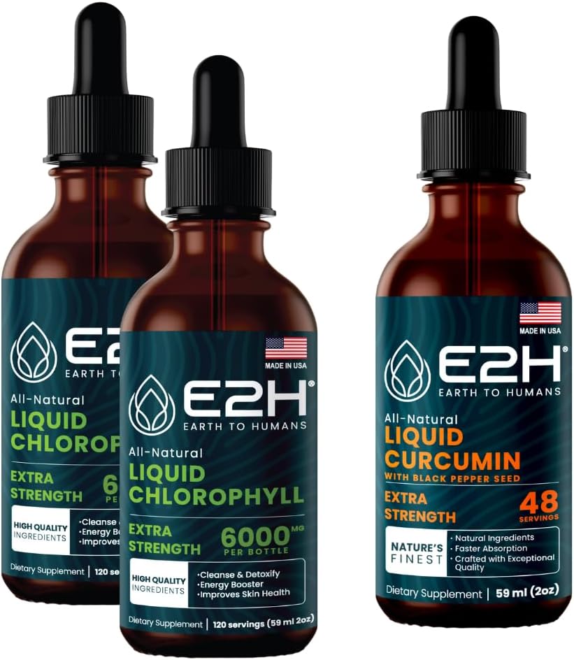 E2H: Υγρές σταγόνες χλωροφύλλης (2 Pack - 4 Fl Oz) και υγρή κουρκουμίνη (Μονό μπουκάλι - 2 Fl Oz) 