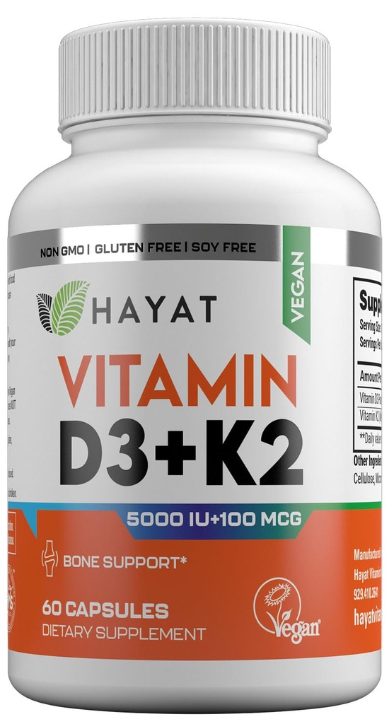 HAYAT Βιταμίνες Vegan Vitamin D3+K2 (5000 IU + 100 MCG), Συμπλήρωμα διατροφής για τα οστά, τα δόντια, τους μυς και το ανοσοποιητικό υγεία υποστήριξη, 2 μήνες προμήθεια, Certified Hanal, 60 κάψουλες, Made in The USA