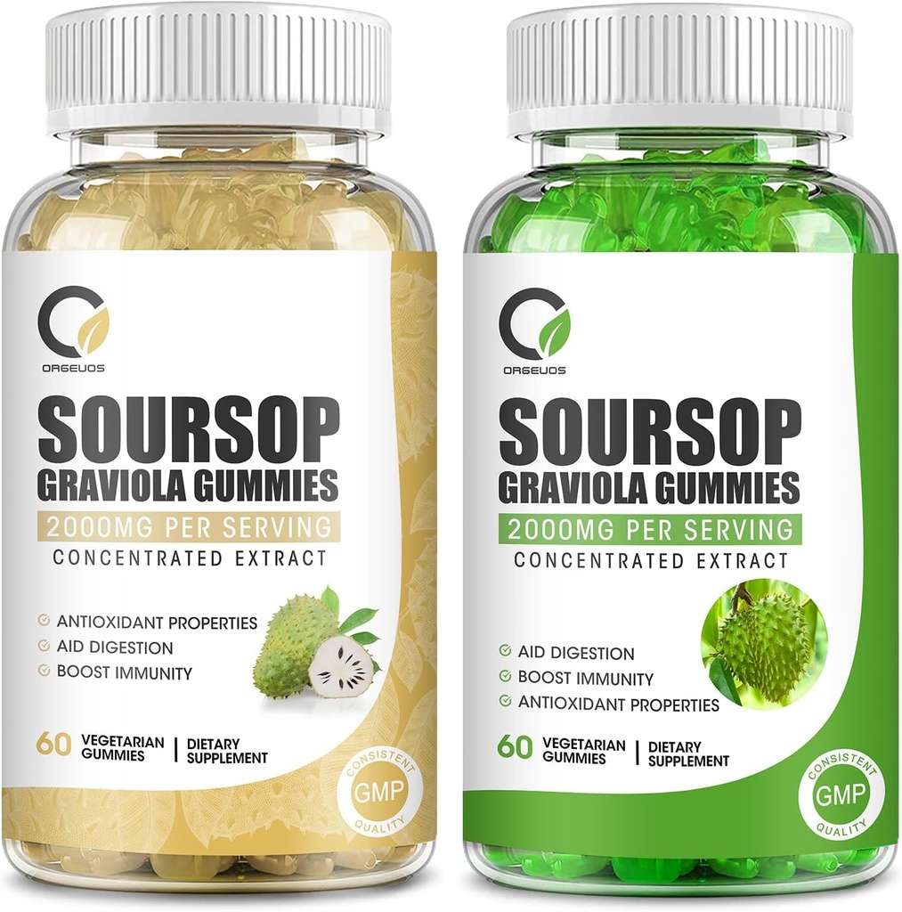 2 Pack Soursop Graviola Gummies, εκχύλισμα φύλλων Soursop Γεύση & Αυθεντικό εκχύλισμα φρούτων Soursop Γεύση, για υποστήριξη & αναγέννηση κυττάρων, ανοσία, συκώτι, Zzz & αντιοξειδωτικό - Χωρίς γλουτένη, Vegan