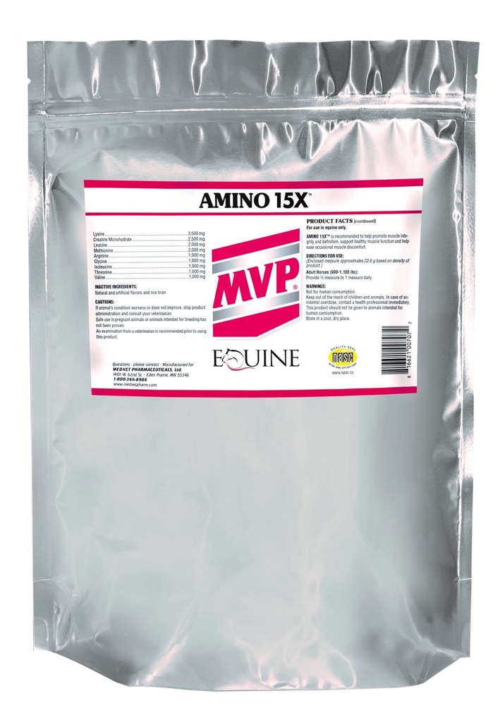 MVP Amino 15X (1,5lb) Υποστηρίζει υγιή λειτουργία μυών, την ανάπτυξη και την αποκατάσταση στα άλογα.