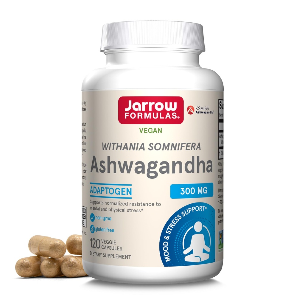 Jarow Formulas® Ashwagandha Κάψουλες, 300 mg συμπλήρωμα Υποστηρίζει Κανονική αντίσταση στο ψυχικό και σωματικό στρες, 120 κάψουλες Veggie, 60 ημέρες προσφοράς