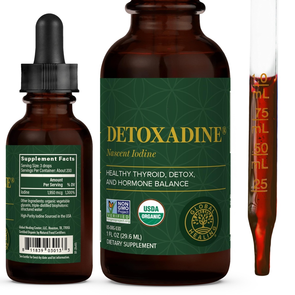 Global Healing Center - Detoxadine - Organic Nascent Liquid Iodine Supplement Drops for Thyroid Support, Detox Cleanse, and Μεταβολισμός - Non-GMO, Vegan, 200 Servings Iodine Drops (1 Oz)
