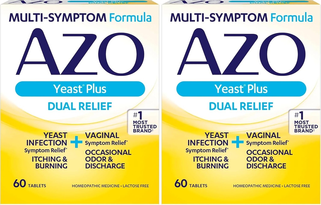 AZO Yeast Plus Δισκία Διπλής Ανακούφισης, Μόλυνση Μαγιάς και Κολπική Συμπτωματική Ανακούφιση, Ανακουφίζει την φαγούρα και την καύση, 60 Count (Pack of 2)