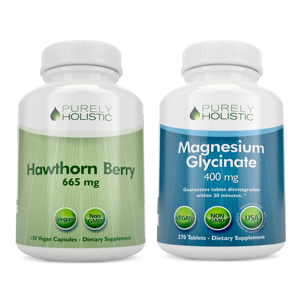 Καθαρά ολιστικό μούρο Hawthorn 665mg + γλυκινικό μαγνήσιο 400mg + 150 κάψουλες & 270 δισκία - Vegan Bundle - Made in The USA