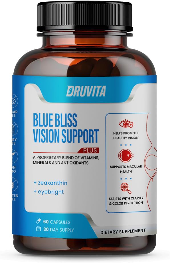 Blue Bliss Vision Support - Βιταμίνες ματιών με λουτεΐνη, βιοτίνη, βατόμουρο και ζεαξανθίνη - Συμπλήρωμα βιταμίνης για την υγεία και τη διατήρηση όρασης για ενήλικες άνω των 60 Veggie Κάψουλες 30 Ημέρα προσφοράς