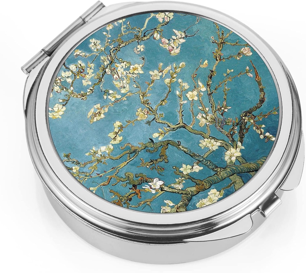 Dynippy Pill υπόθεση κουτί χάπι με καθρέφτη Pocket 3 Διαμέρισμα Ιατρική περίπτωση Βιταμινική Pill Organizer για Pocket Purse και Ταξίδι (Round, Silver-Almond Blossom)