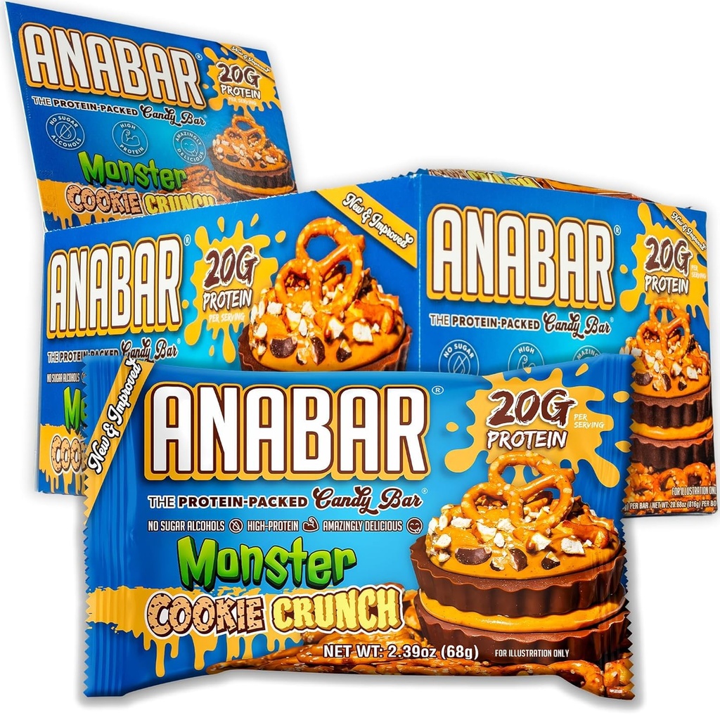 Anabar Protein Bar, The Protein-Packed Candy Bar, Amazing Tasting Protein Bar, Χωρίς Αλκοόλες Ζάχαρης, Υψηλής Πρωτεΐνης, Amazingly Delicious (12 Bars, Milk Chocolate Monster Cookie Crunch)