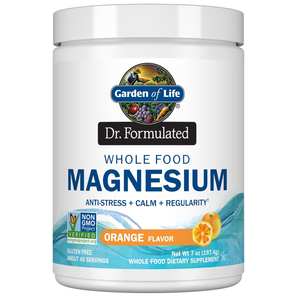 Garden of Life Dr. Formulated Whole Food Magnesium Complex Powder with Probiotics – Stress & Sleep Support, Non-GMO, Gluten-Free, Vegan, Orange Flavor, 40 Servings