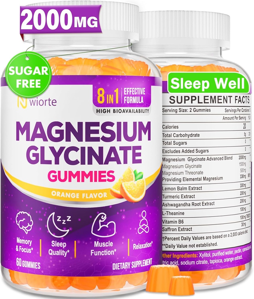Συμπληρώματα Glycinate Gummys μαγνησίου για ενήλικες γυναίκες, Gummies μαγνησίου με L-Θρεονικό, Ashwagandha, Βιταμίνη B6- Ύπνος, Χαλάρωση, Ηρεμία, Ενέργεια, Vegan, Χωρίς ζάχαρη, 60 Count