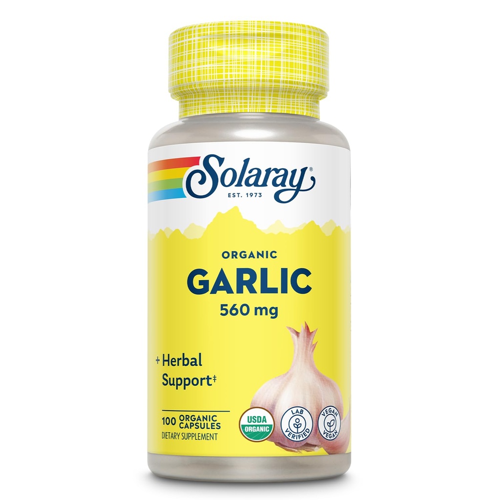 SOLARAY Organic Garlic Pills - 560 mg Garlic Supplements for Heart Health Support - USDA Organic Garlic Capsules - Vegan - 100 Servings, 100 VegCaps