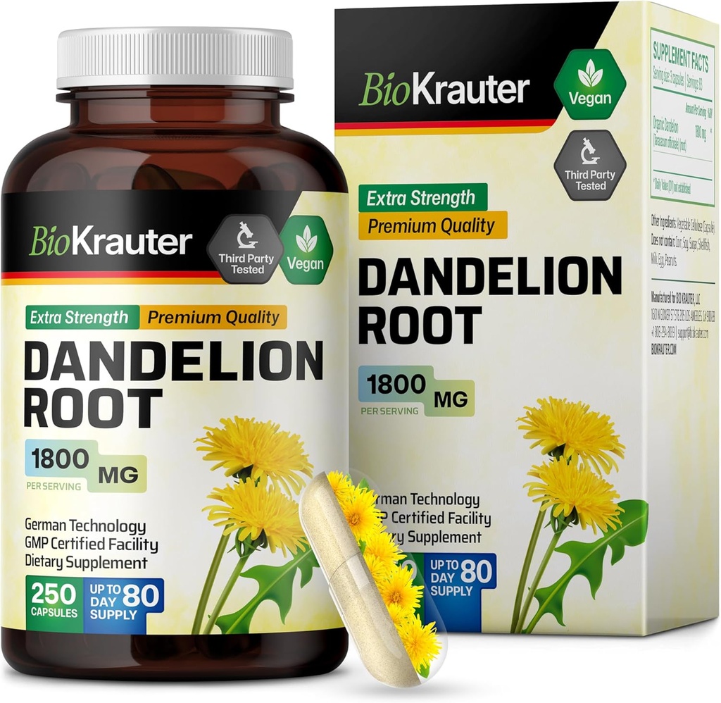 BIO KRAUTER Dandelion Root Supplement - 1800 mg Strength - 250 Count - Dandelion Root Capsules - Vegan Capsules for Liver Support & Immunity