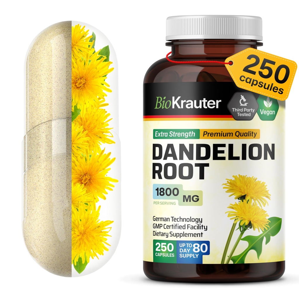 BIO KRAUTER® Dandelion Root for Overall Support - Vegan Dandelion Root Supplement 1800 mg per Serving - Used for Daily Wellness, 250 Capsules, 83-Day Supply, Non-GMO