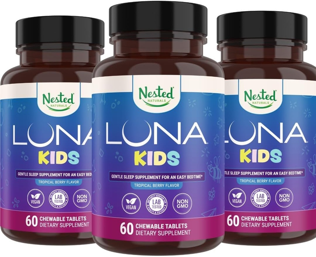 Nested Naturals Luna Kids Sleep Supplement - για Παιδιά & Μελατονίνη Ευαίσθητοι Ενήλικες - Gentle βοτανικό συμπλήρωμα με Χαμομήλι, Μελατονίνη, & Βαλεριάνα - 180 Μασώμενα δισκία (60 ανά φιάλη)