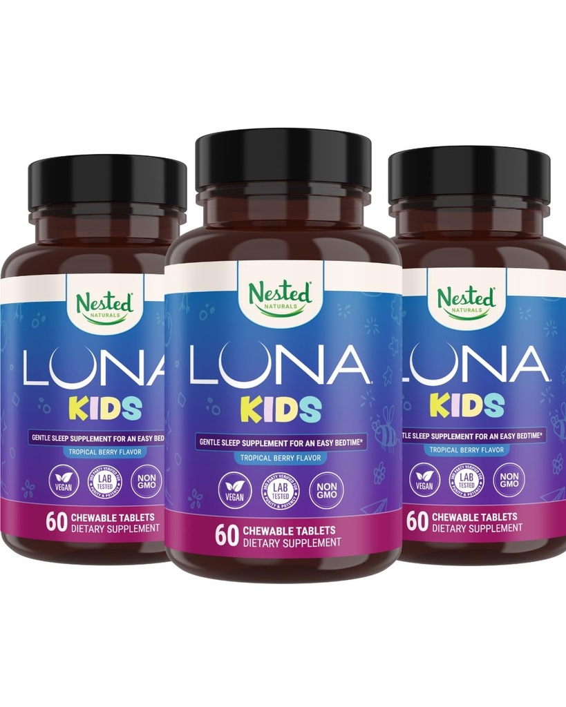 Nested Naturals Luna Kids Sleep Supplement - για Παιδιά & Μελατονίνη Ευαίσθητοι Ενήλικες - Gentle βοτανικό συμπλήρωμα με Χαμομήλι, Μελατονίνη, & Βαλεριάνα - 180 Μασώμενα δισκία (60 ανά φιάλη)