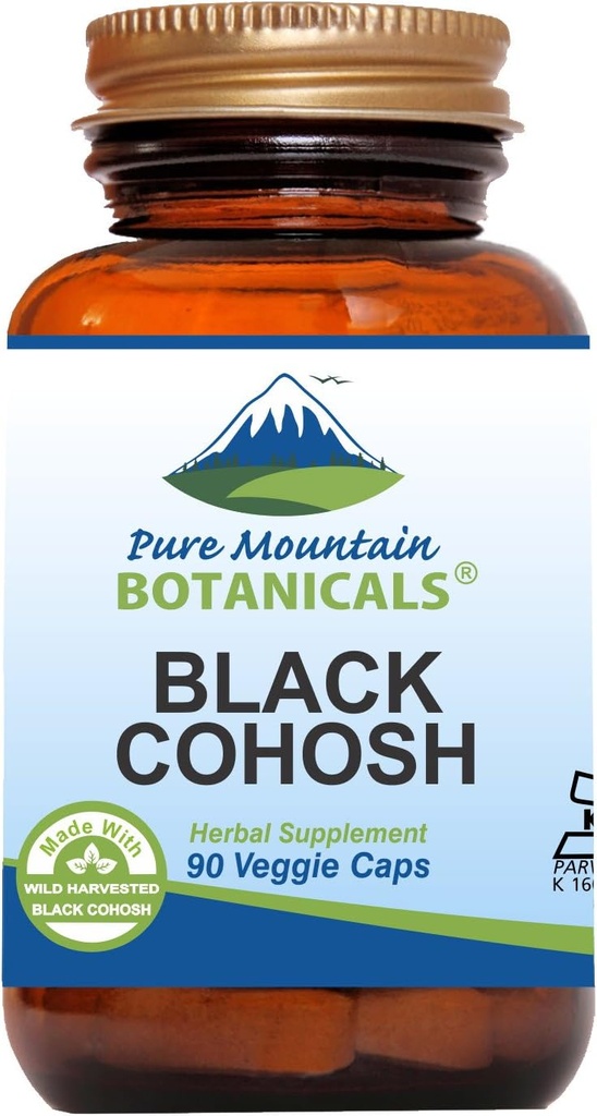 Pure Mountain Botanicals Black Cohosh Capsules - 90 Kosher Vegan Caps - Now with 500mg Wild Black Cohosh Root - Natures Support for Menopause