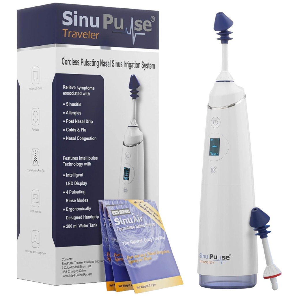 SinuPulse Traveler with 30 Sinuair Packets - Cordless Pulsating Nasal Irrigation Sinus Rinse System, Space Saving Cleaner & Relief Machine for Travel, More Effective than Neti Pot or Nose Spray Bottle