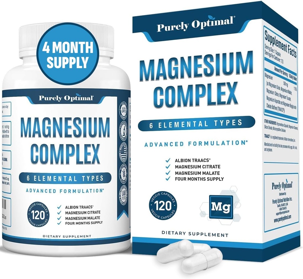 Purely Optimal Magnesium Complex - 6 Forms Μαγνήσιο Γλυκινικό, Κιτρικό & Κακοήθη - Υποστήριξη ύπνου, Άγχος ανακούφιση, μύες, καρδιά υγεία & χαλάρωση - Συμπλήρωμα μαγνησίου για γυναίκες & άνδρες, 120 Caps