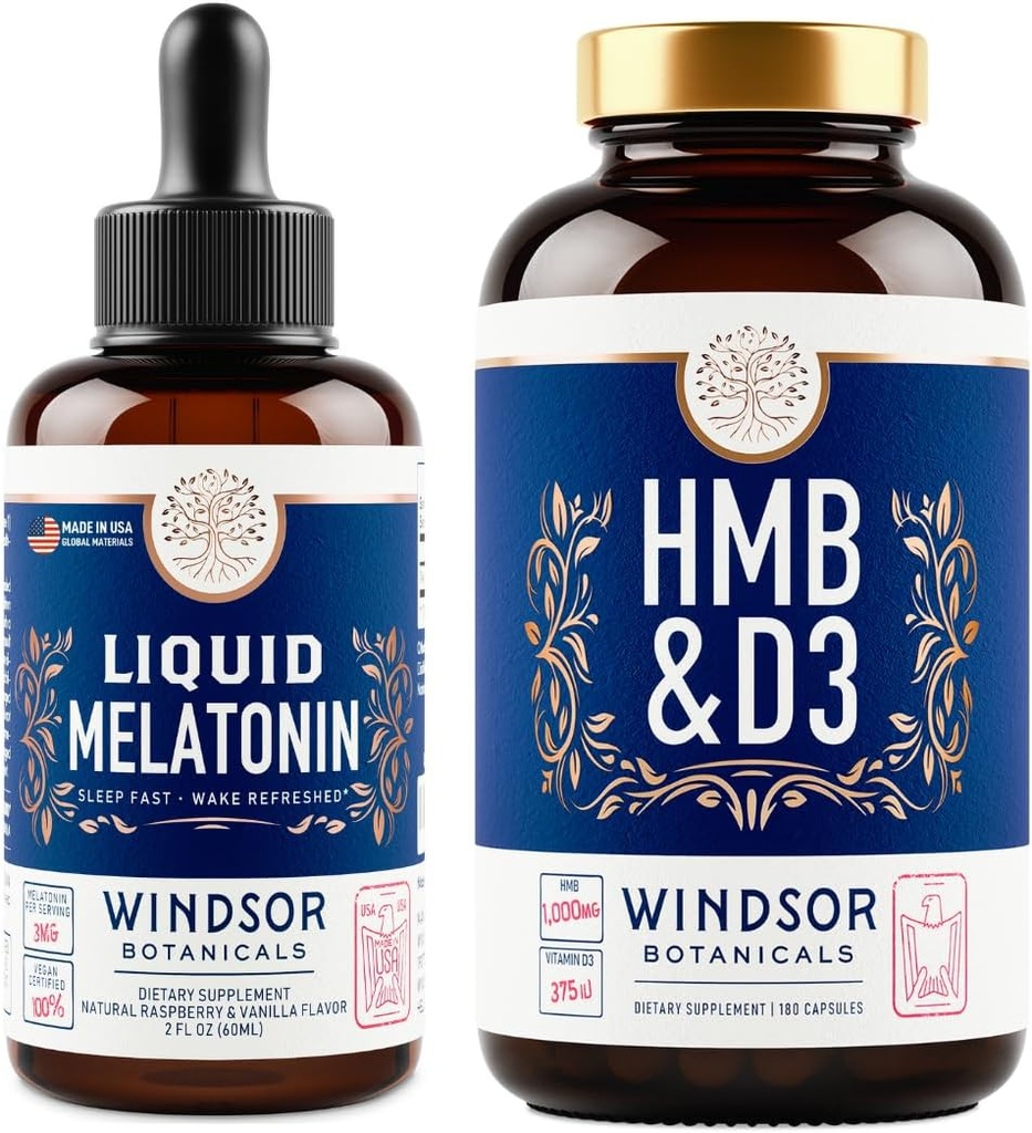 WINDSOR BOTANICALS HMB με συμπλήρωμα βιταμίνης D3 και υγρή μελατονίνη 3mg - προπόνηση και το πακέτο αποκατάστασης