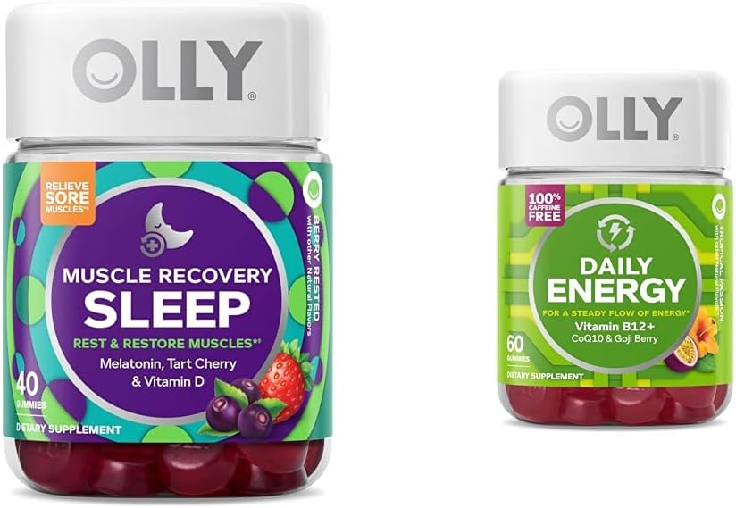OLLY μυών αποκατάστασης ύπνου Gummies, ύπνος και πονεμένη μυϊκή υποστήριξη, 3mg μελατονίνη, ταρτ κεράσι & καθημερινή ενέργεια Gummy, καφεΐνη χωρίς, βιταμίνη B12, CoQ10, Goji Berry, συμπλήρωμα μάσημα ενηλίκων